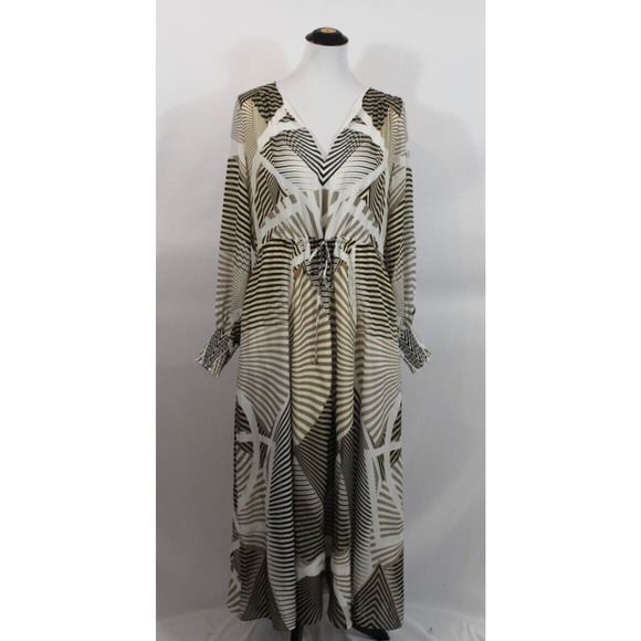 IVIELLE Sz 38 10 US White Tan Black Stripe Silk Maxi Dress Long Sleeve - Picture 10 of 10